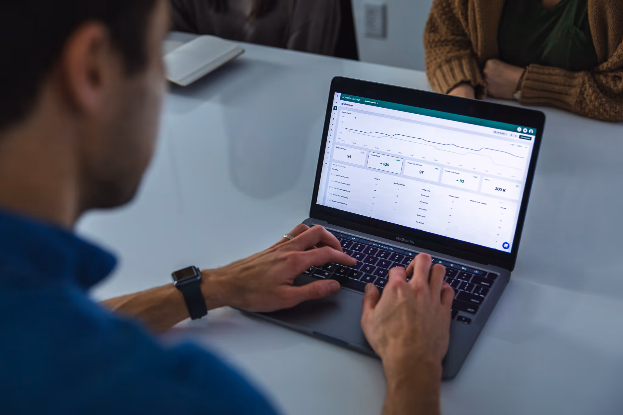 A man sits at a conference table reviewing campaign analytics for a law firm