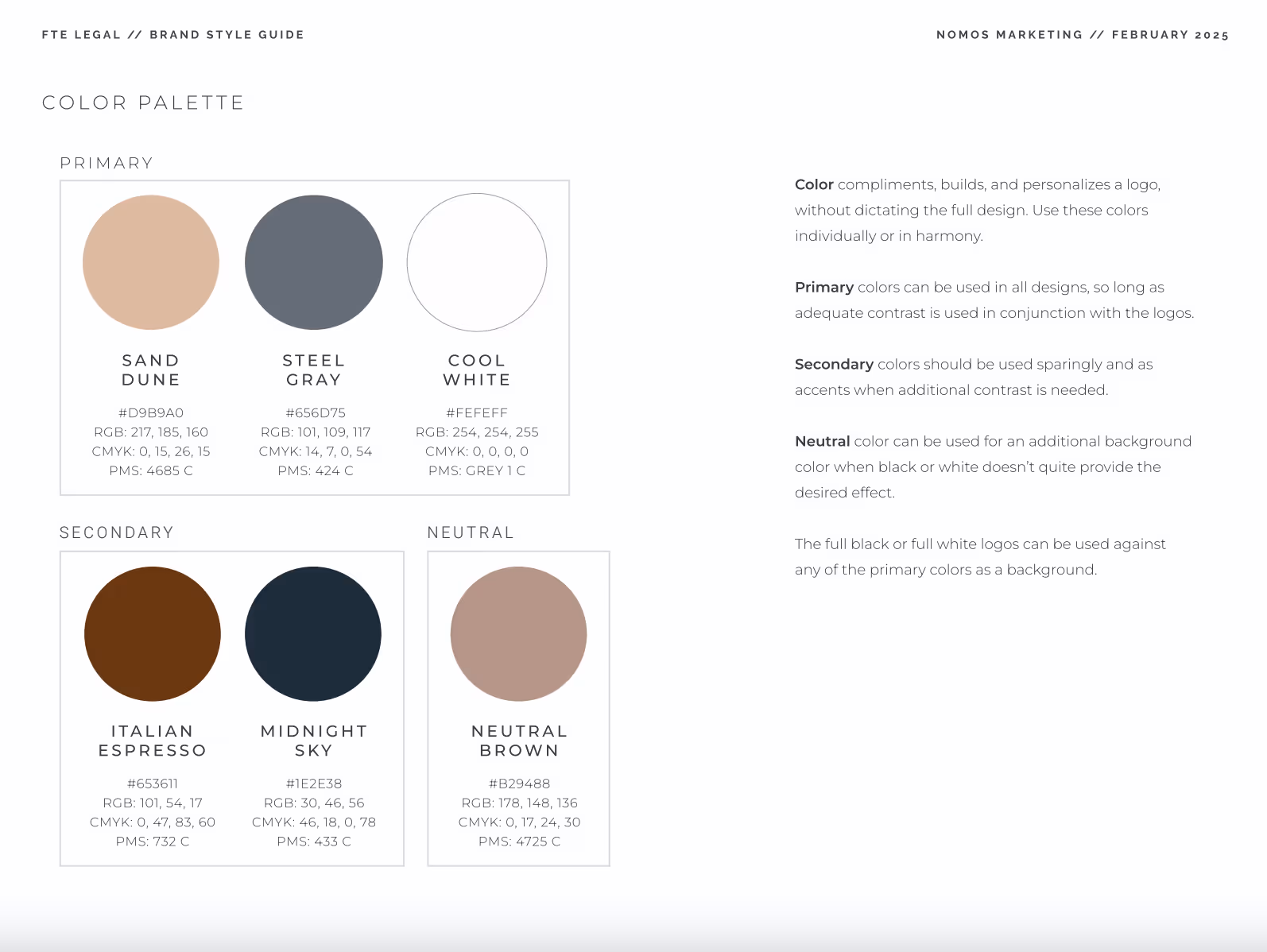 A guide showing color guidelines for a law firm's brand