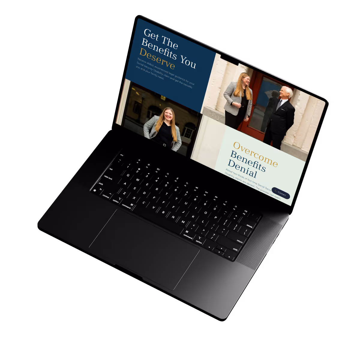 Mockup of a law firm website on a MacBook pro showing two attorneys with original copywriting