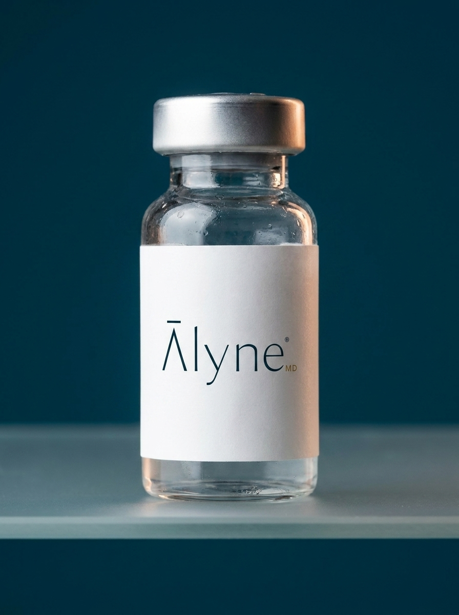 Clear glass AlyneMD medication vial with silver crimp cap on a deep teal background
