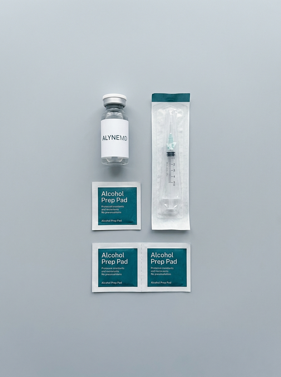 Clinical flat lay of an AlyneMD home injection kit with vial, syringe, and prep pads
