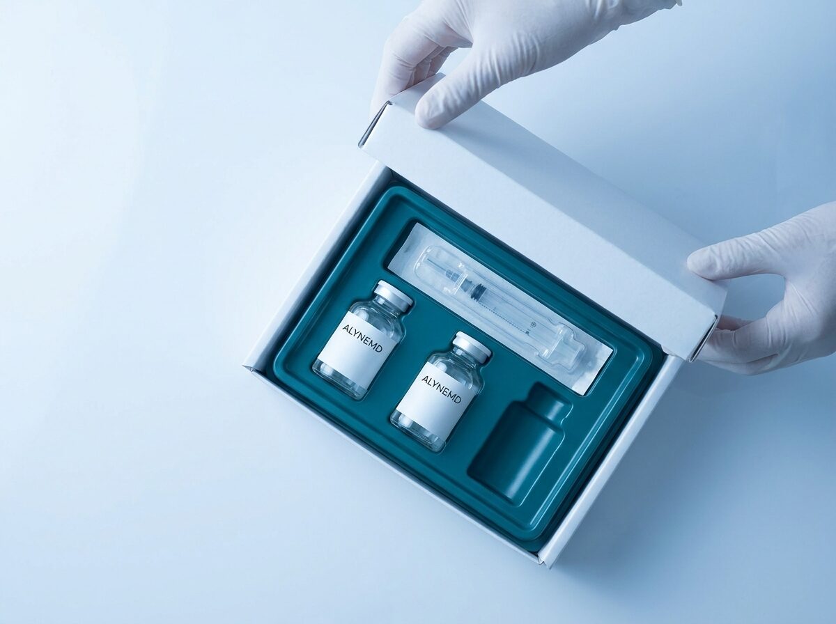 AlyneMD medical delivery kit unboxing with vials in a teal tray