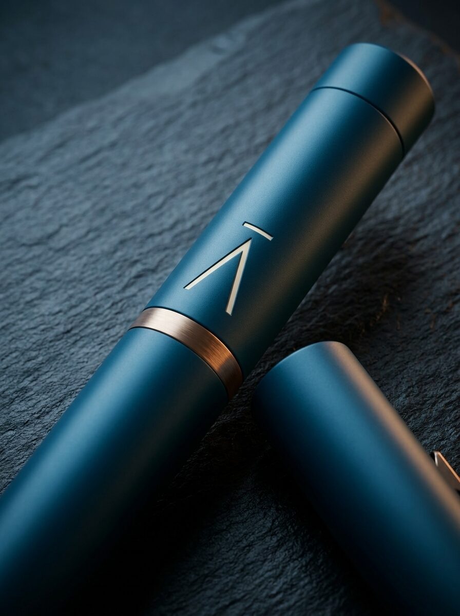 AlyneMD branded injector pen in deep teal with bronze accent ring