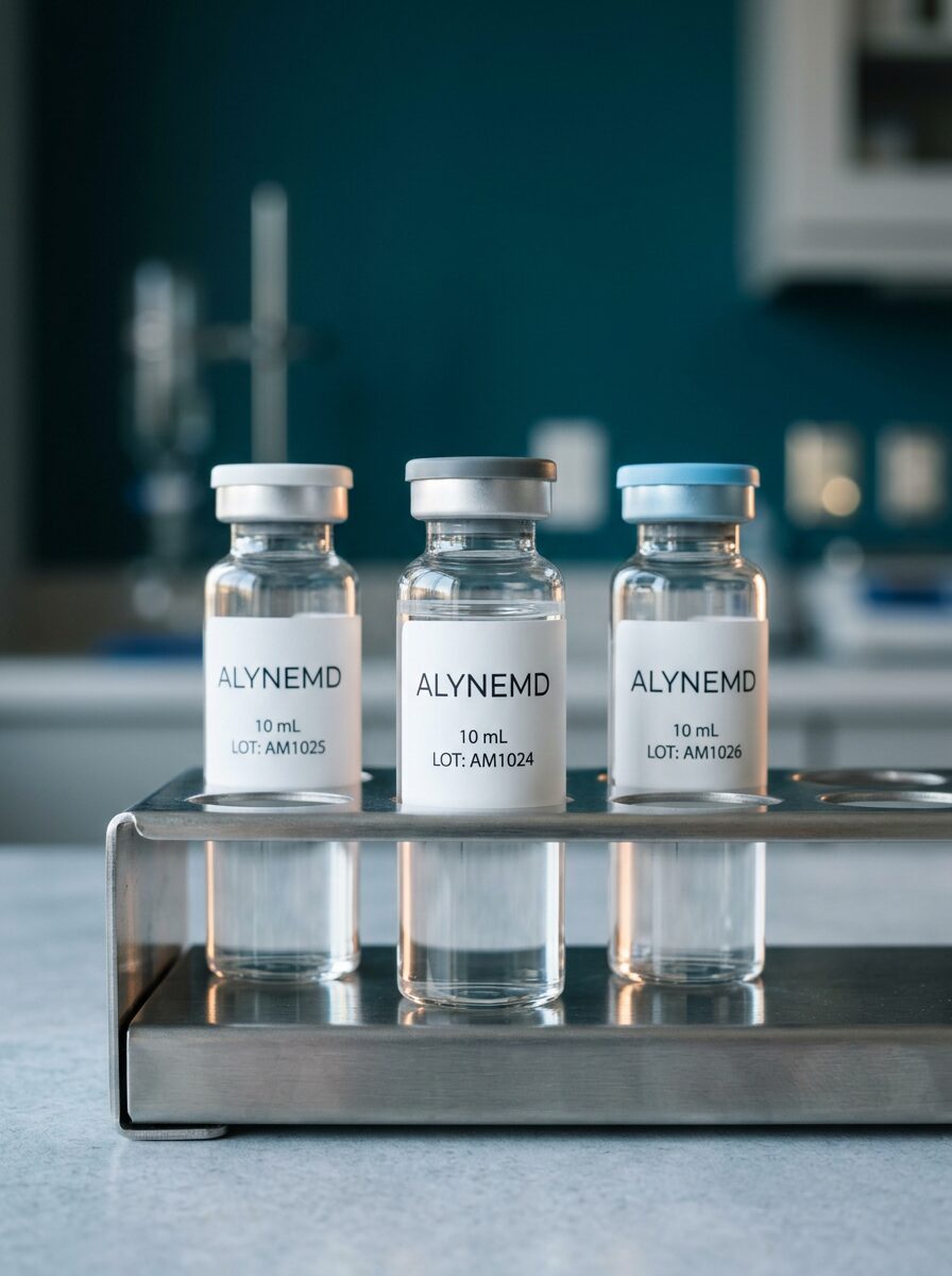 Three AlyneMD vials in a stainless steel laboratory rack