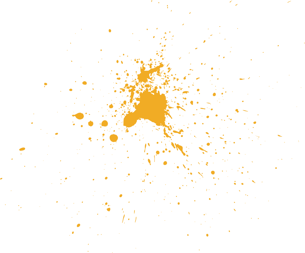 Orange paint splatter on a black background with scattered droplets radiating outward.