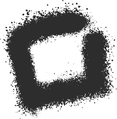 Black abstract square spiral shape with splattered edges on a transparent background.