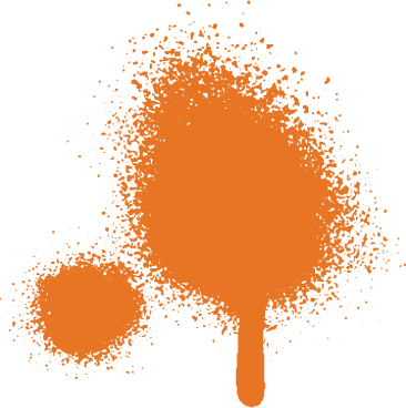 Orange spray paint splatter with a large central blotch and a smaller round blotch to the left on a black background.