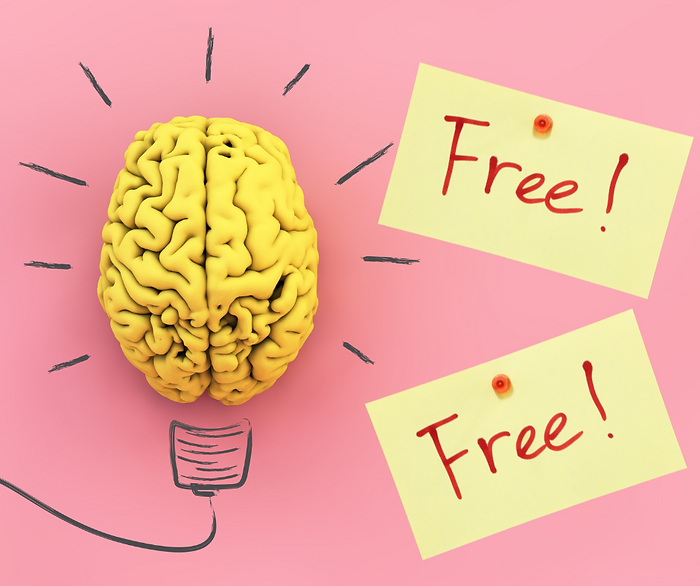 Yellow brain in place of an animated light bulb with the words 'FREE' all on a pink background