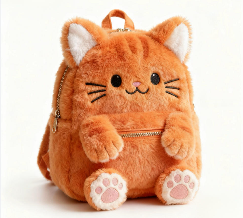 Orange Tabby Cat Backpack-Plush Furry Design with 3D Ears Pawsand Embroidered Face