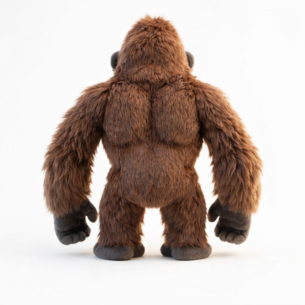 Plush gorilla toy back view showing full body fur texture and muscle shape