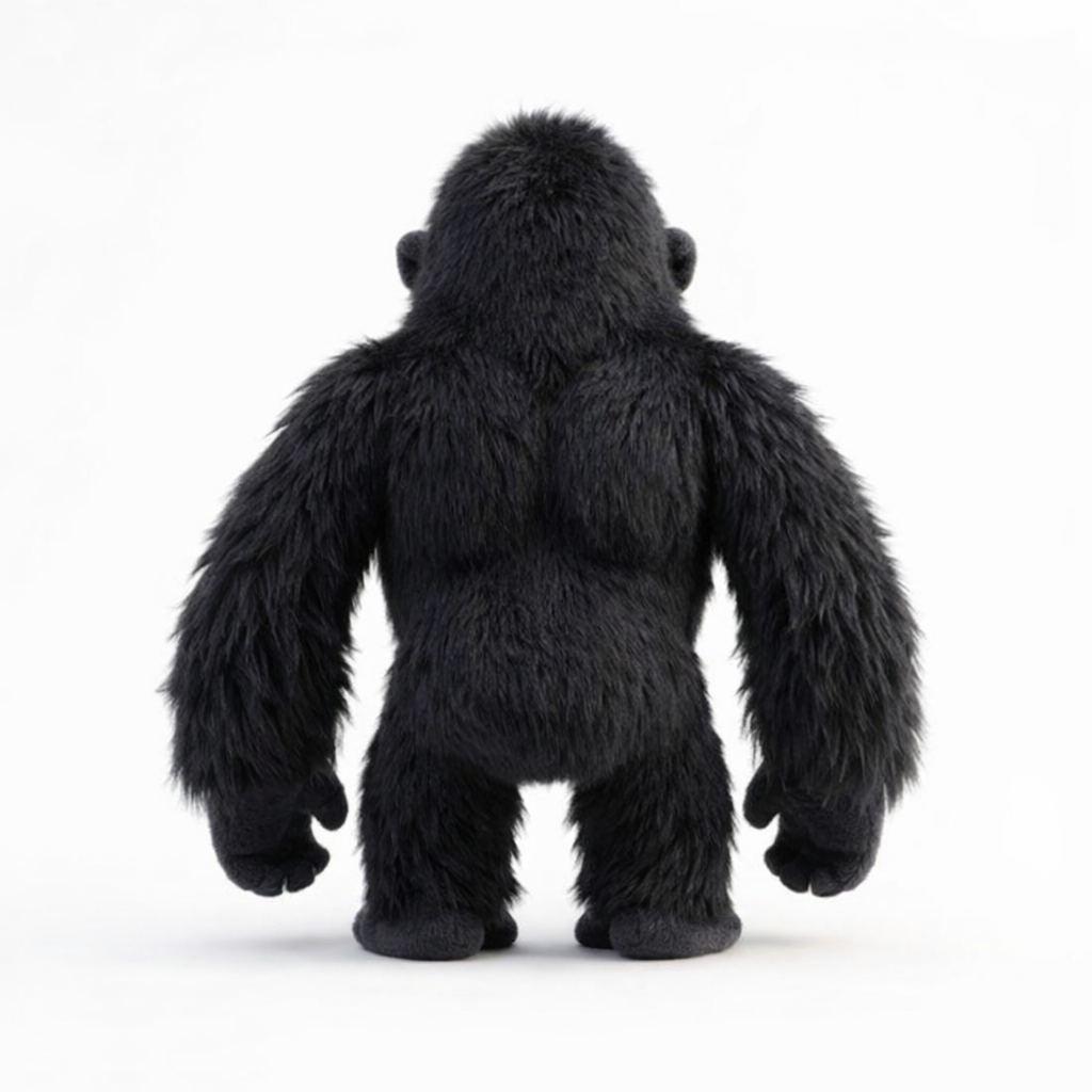 Black plush gorilla toy back view showing full body fur texture and shoulder shape