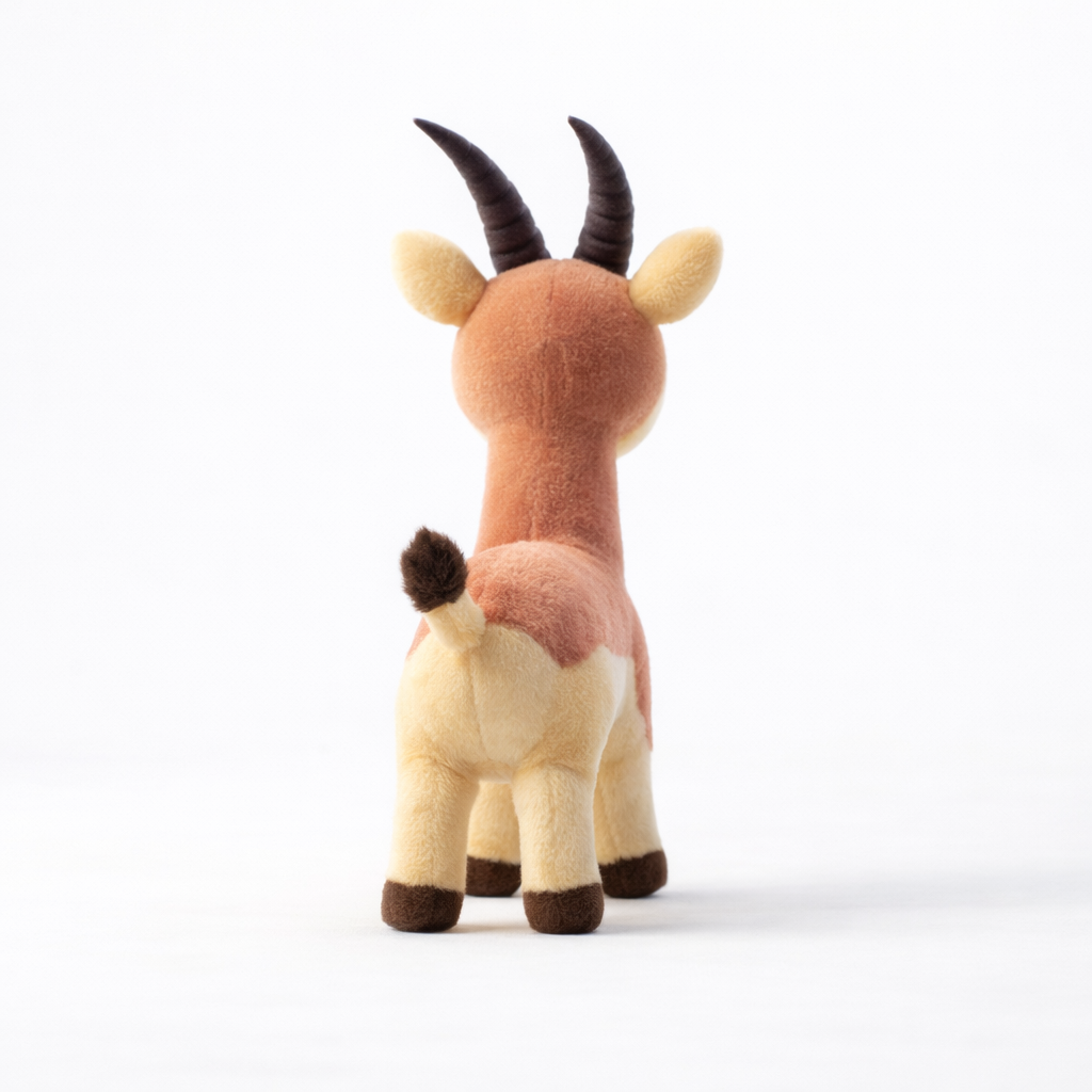 Plush antelope toy back view showing tail horn shape fabric texture
