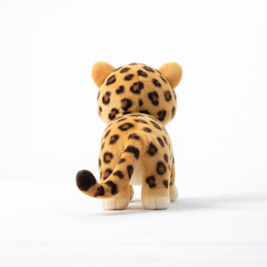 Cute leopard plush animal figure showing soft fur texture, cartoon proportions, studio background