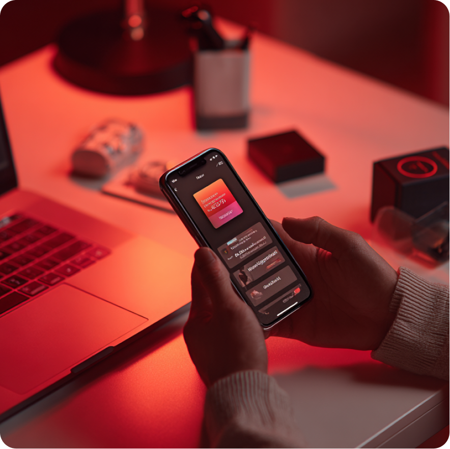 Person holding smartphone displaying an app with notifications over a desk lit with warm red light next to a laptop.