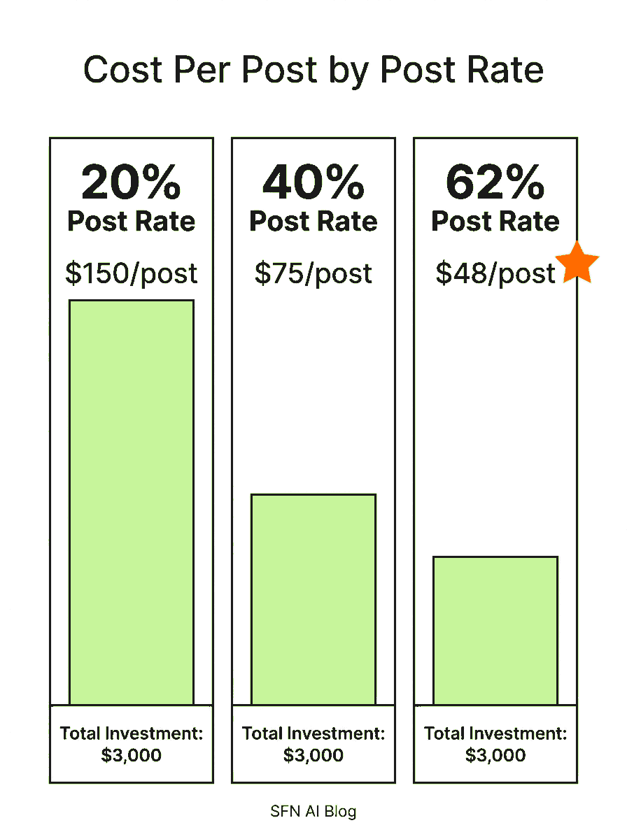 Infographic comparing cost per post at different post rate levels for product seeding