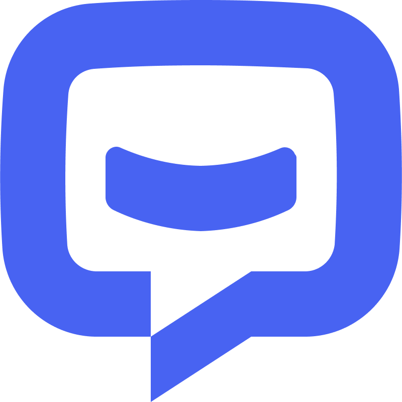 Abstract blue chatbot icon featuring a speech bubble with a smiling mouth shape inside.
