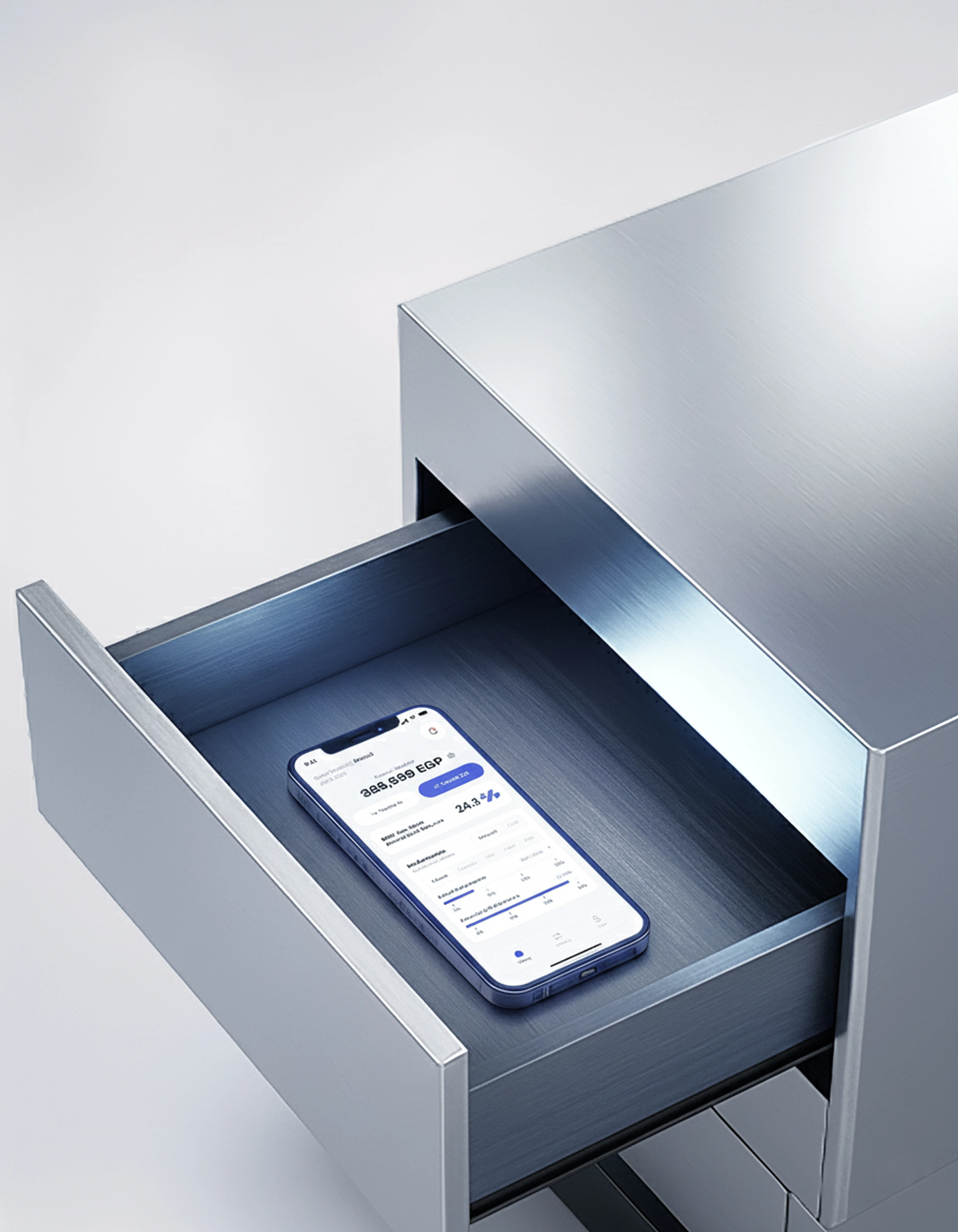 Opened metallic drawer with a smartphone displaying a financial app inside.