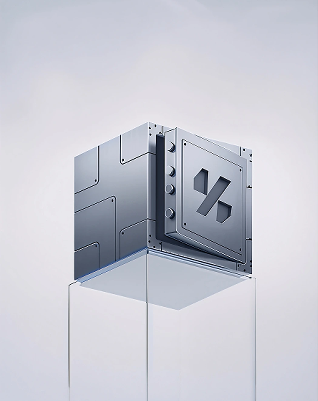 Metallic cube with a hinged panel featuring a percentage symbol embossed on it, placed on a transparent pedestal.
