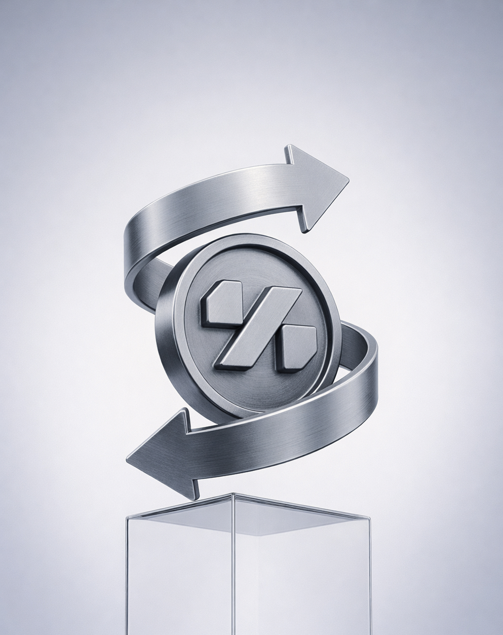 Metallic percentage symbol surrounded by two curved arrows pointing in opposite directions above a glass pedestal.