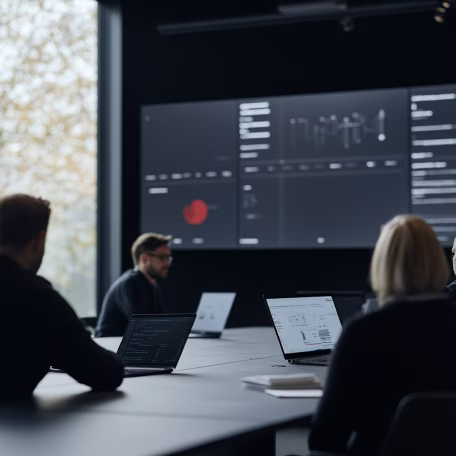 Emberek laptopokkal egy konferenciateremben, egy nagy képernyőt nézve adatelemzéssel.