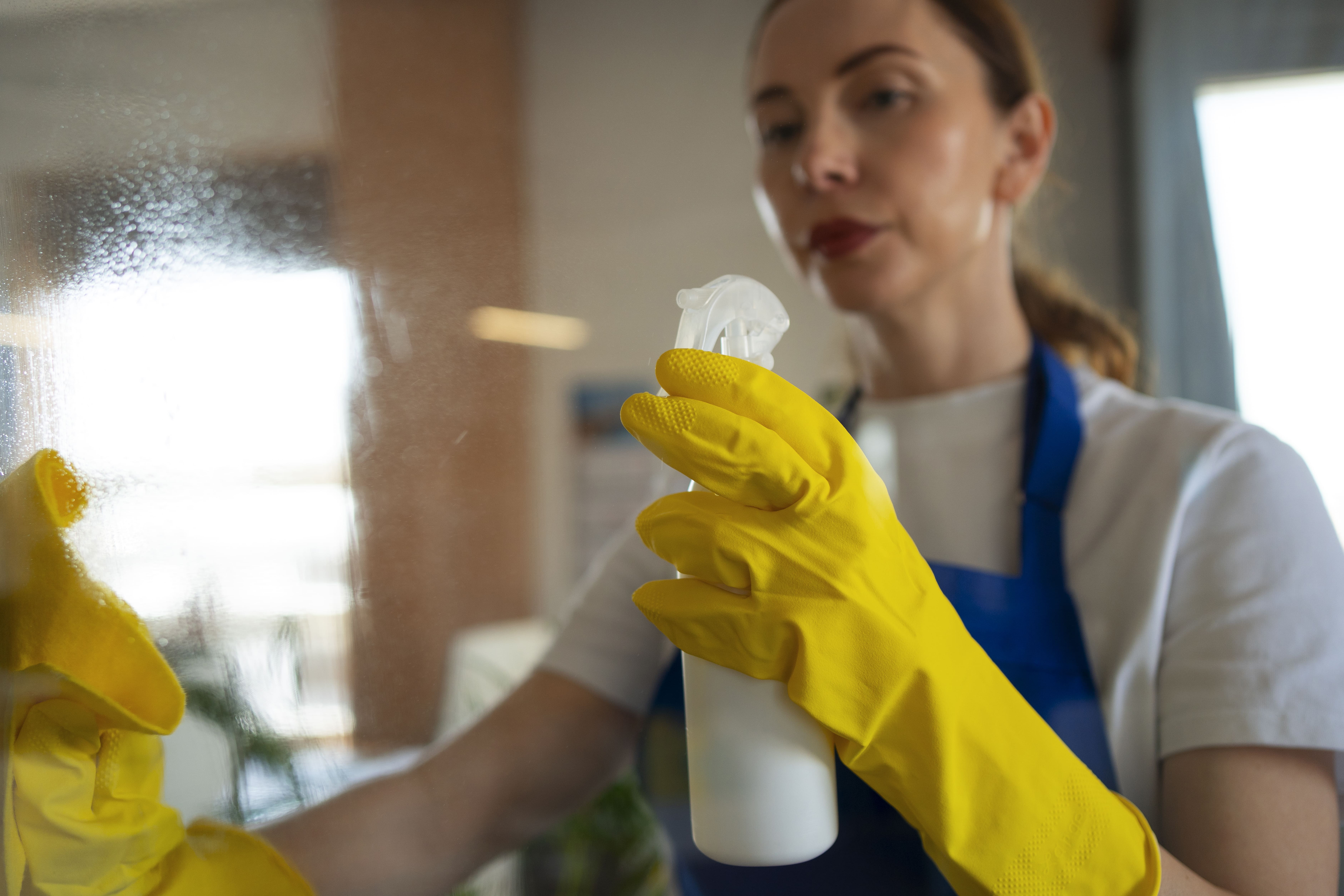 Woman wearing yellow cleaning gloves and blue apron holding a spray bottle while cleaning a glass surface.