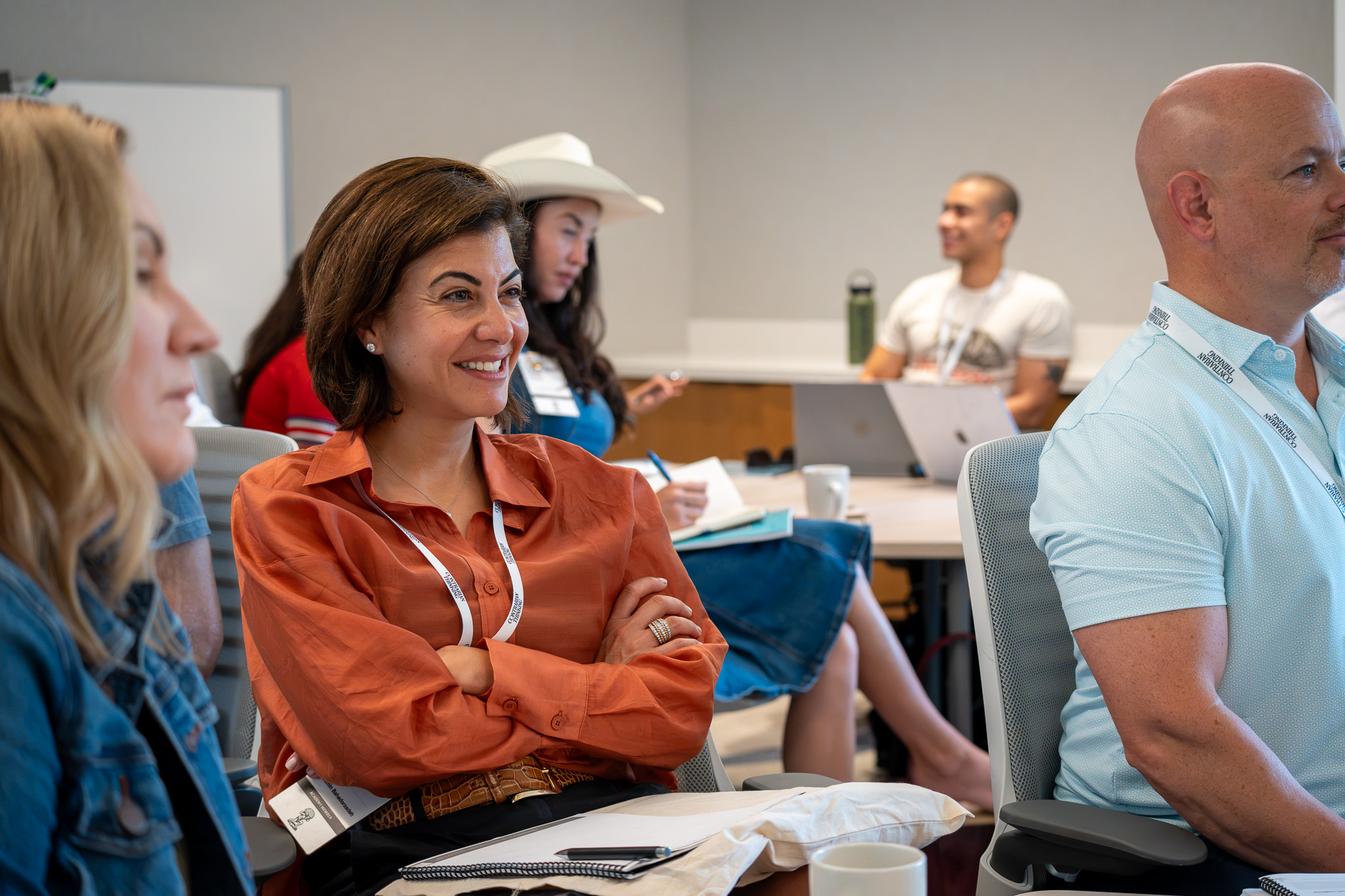 An owner smiles during a session