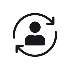 Pictogram van een persoon met twee pijlen die in een cirkel om de persoon draaien, illustrerend verversing of synchronisatie.