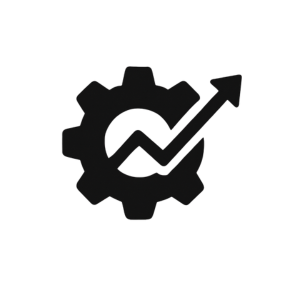 Een tandwiel met een stijgende lijn en een pijl die naar rechtsboven wijst, symboliseert groei en vooruitgang.