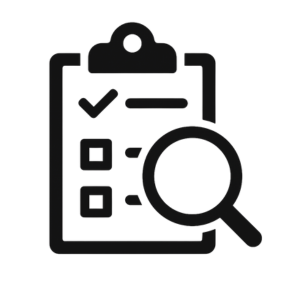Pictogram van een checklist op een klembord met een vergrootglas erboven, symbool voor audits of inspecties.