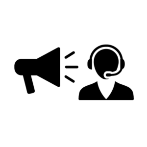 Zwarte pictogram van een persoon met een headset en microfoon naast een grafiek met een opwaartse pijl, symboliseert klantenservice of verkooptraining.