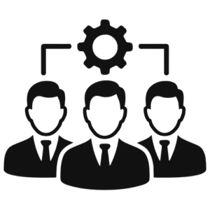 Pictogram van drie zakelijke figuren met een tandwiel erboven, dat samenwerking en management symboliseert.