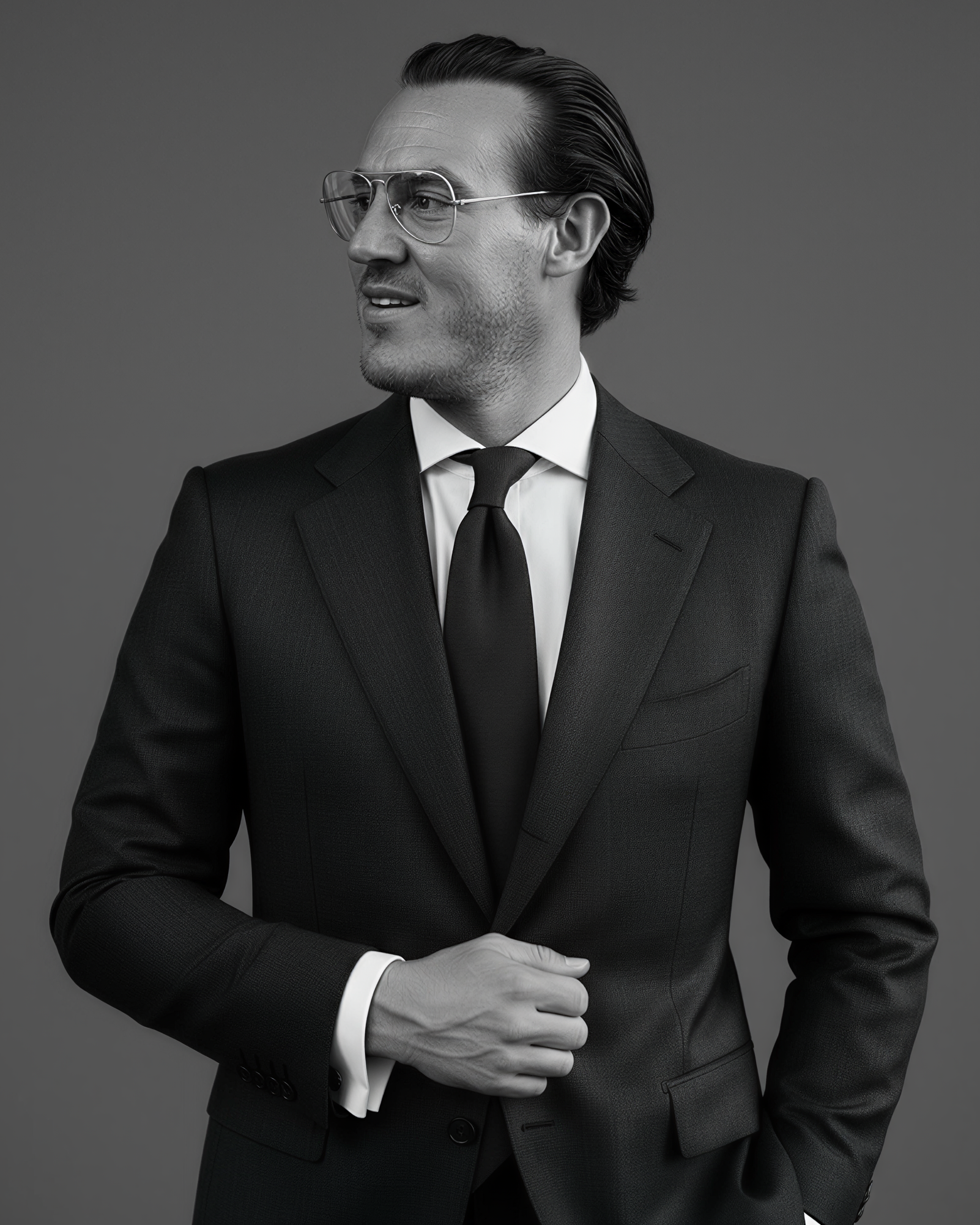 Founder draagt een donker pak met stropdas en een wit overhemd, kijkt naar links met een lichte glimlach en draagt een bril.