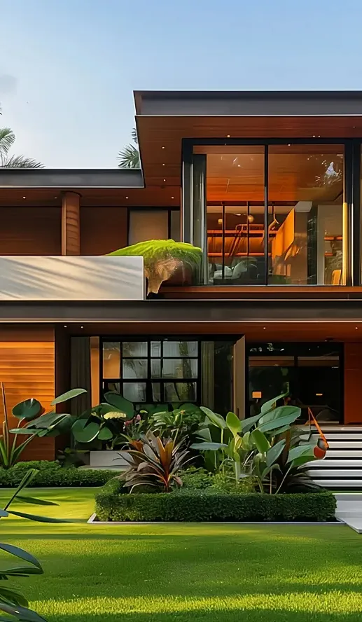 Modern two-story house with large glass windows, wooden exterior, and a landscaped garden with green plants and shrubs in front.