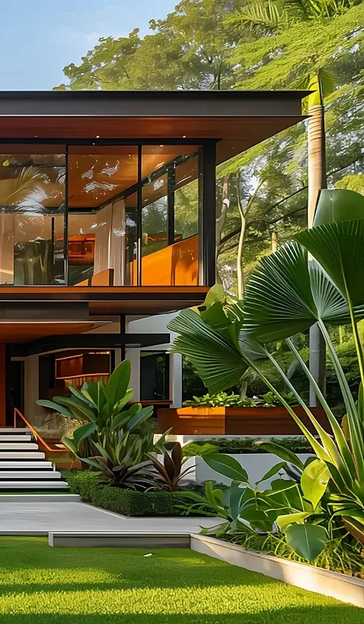 Modern two-story house with large glass windows surrounded by lush tropical plants and a manicured lawn.