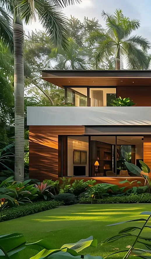 Modern two-story house with large windows surrounded by lush tropical plants and palm trees.