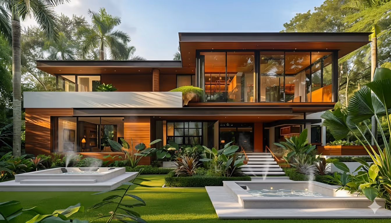 Modern two-story house with large windows, surrounded by tropical plants, and featuring two steaming jacuzzis in the front yard.
