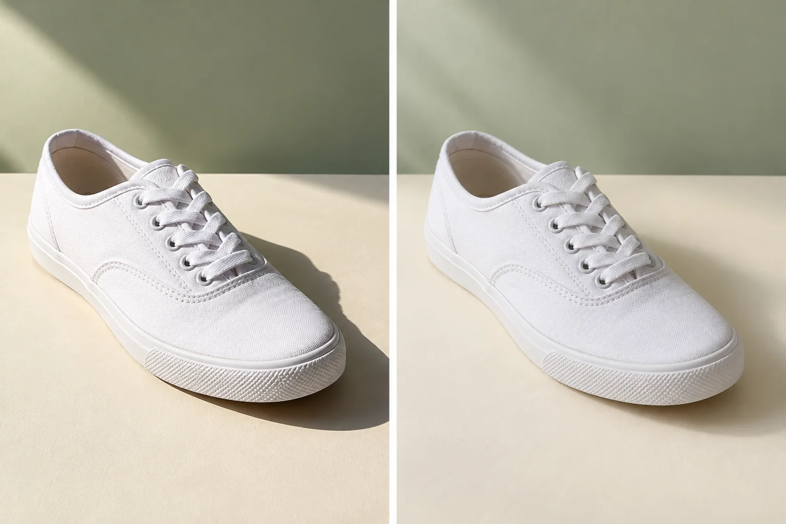 AI-generated comparison of a white sneaker with a sharp dark shadow under direct light on the left and a soft-edged shadow under diffused light on the right.