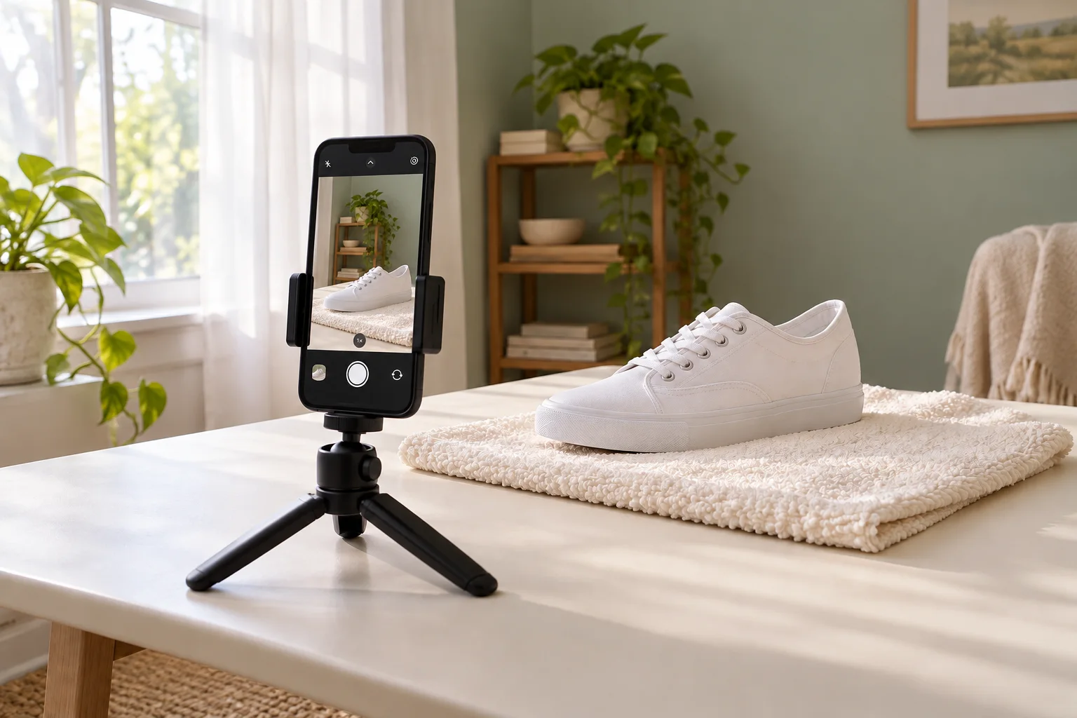 AI-generated illustration of a smartphone on a small tripod framing a white sneaker on a cream towel beside a softly lit window.