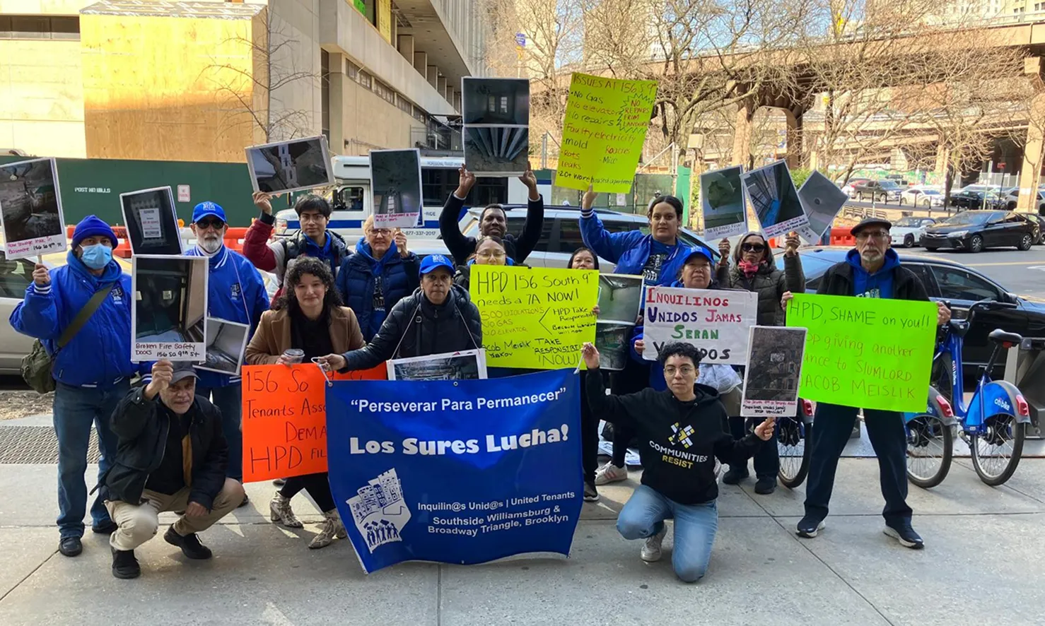 Community organizers rallying for tenant rights in the Lower East Side neighborhood