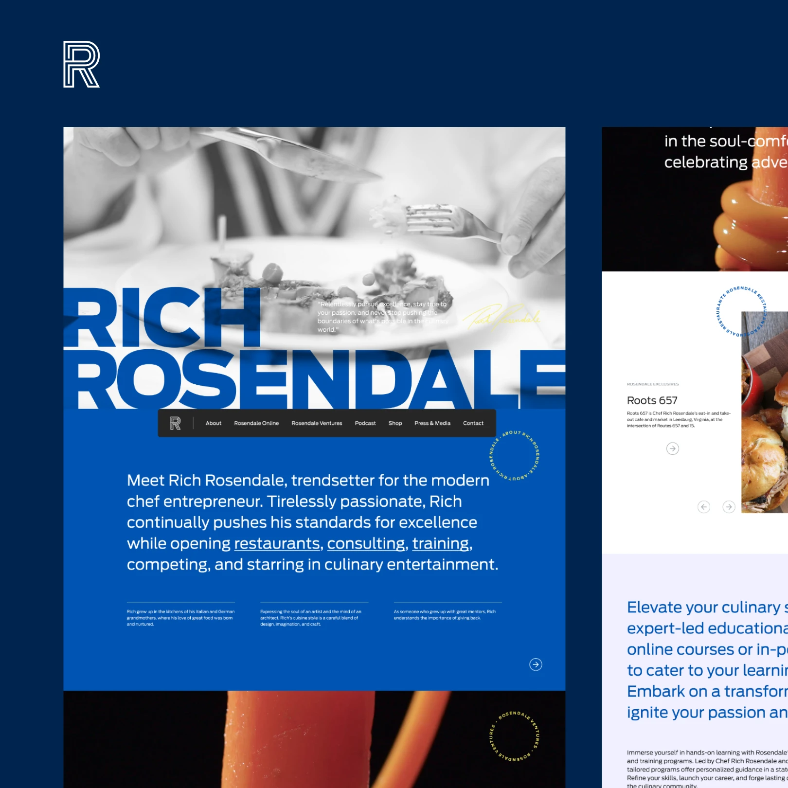 Website section featuring chef Rich Rosendale with a close-up of a person cutting food on a plate and text about his culinary entrepreneurship.