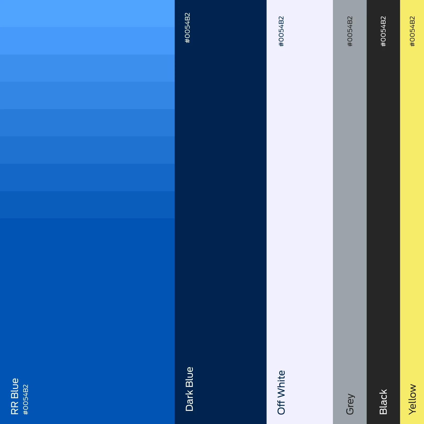 Color palette with RR Blue gradient, Dark Blue, Off White, Grey, Black, and Yellow with their hex code #0054B2.