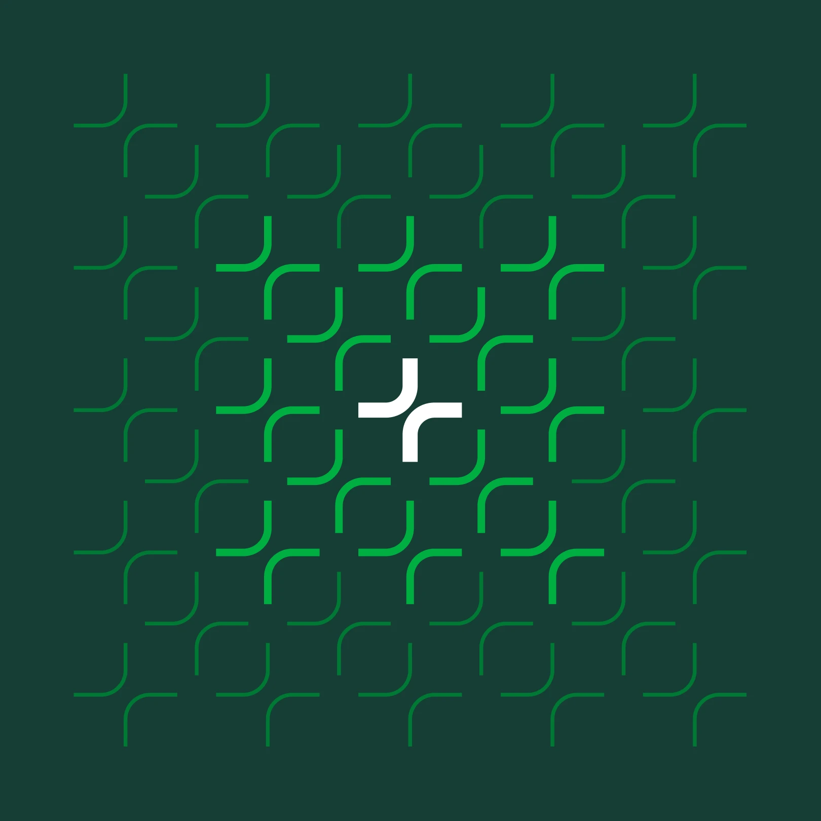 Meyers+Associates pattern of green and white curved lines forming a symmetrical design on a dark green background.