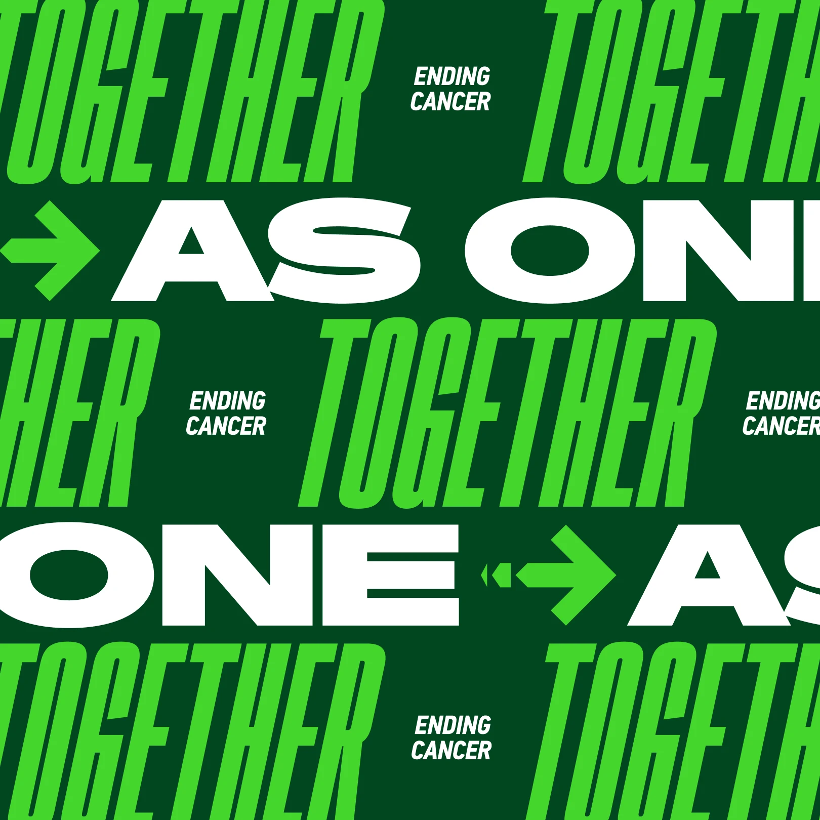 Pelotonia 2025 theme showing pattern of green text reading 'TOGETHER' and white text reading 'AS ONE' with smaller white text 'ENDING CANCER' on a dark green background.