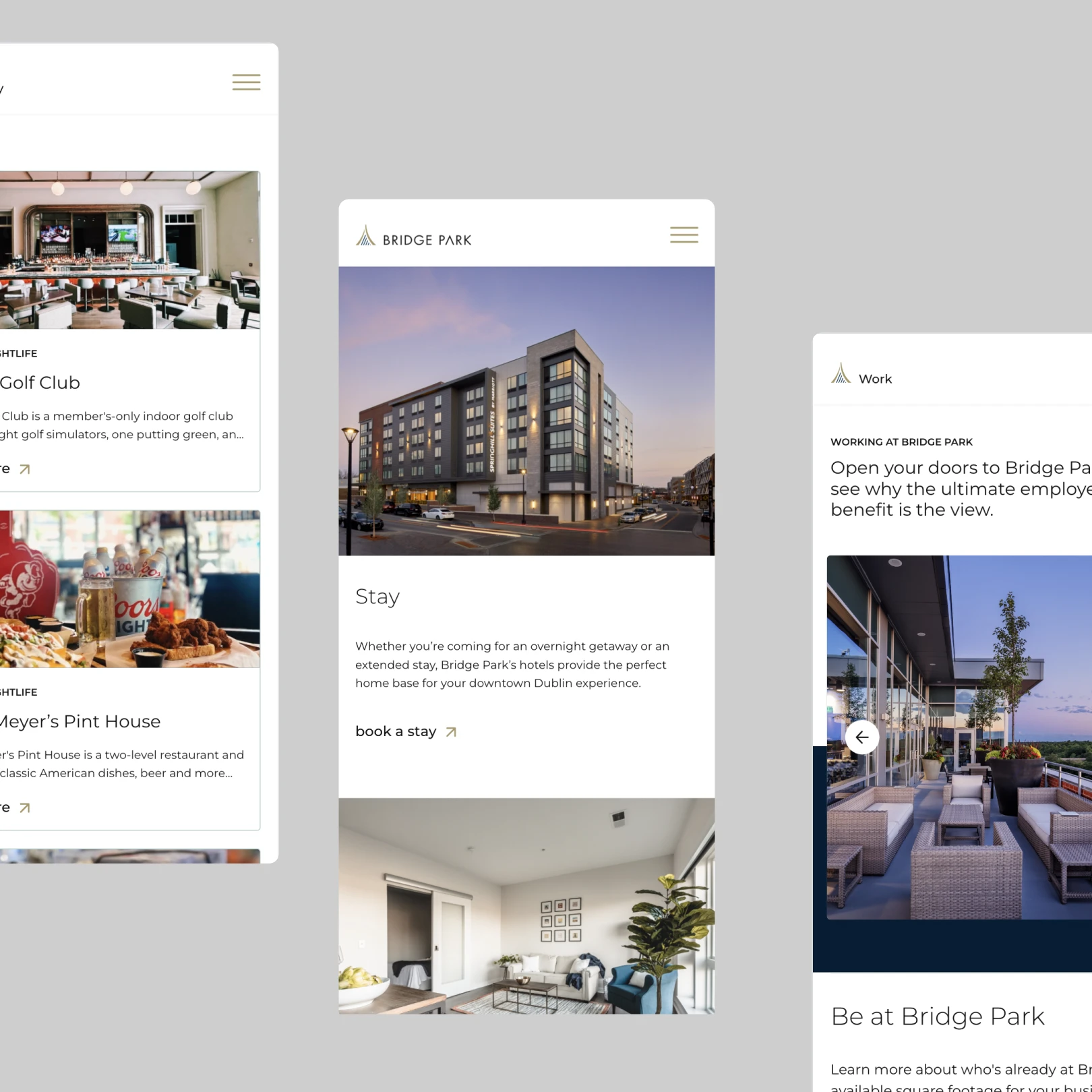 Bridge Park website showing modern multi-story hotel building at dusk with street and city surroundings.