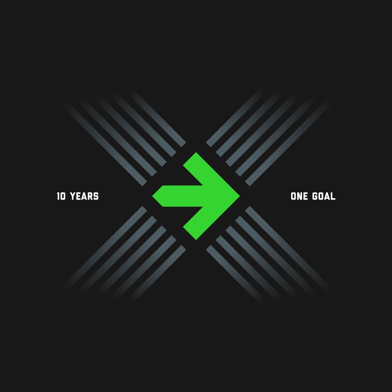 Pelotonia anniversary showing green arrow pointing right at the center of dark background with gray diagonal lines forming an X and text '10 YEARS' on the left and 'ONE GOAL' on the right.
