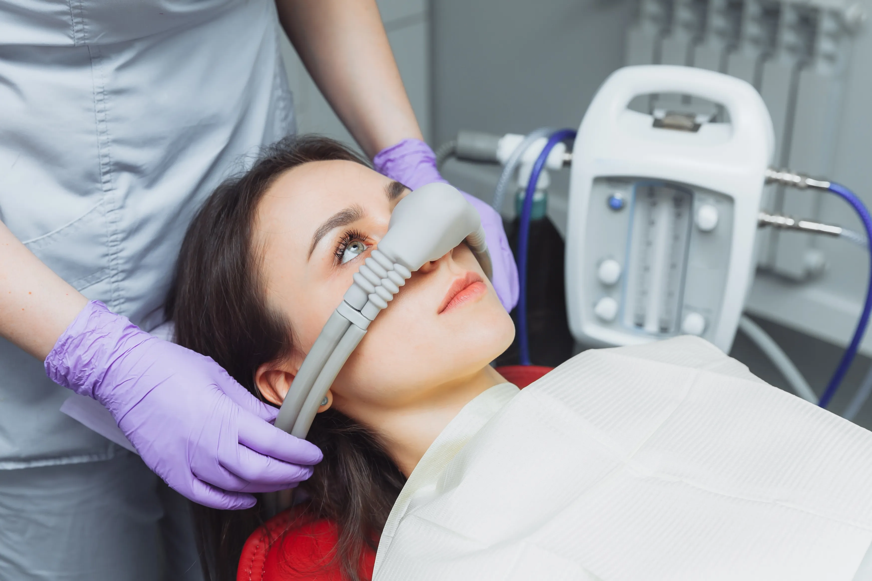Patient receiving nitrous oxide (laughing gas) sedation at Legacy Dental Pasadena
