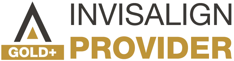 Invisalign Gold+ Provider logo with stylized A icon and text in black and gold.