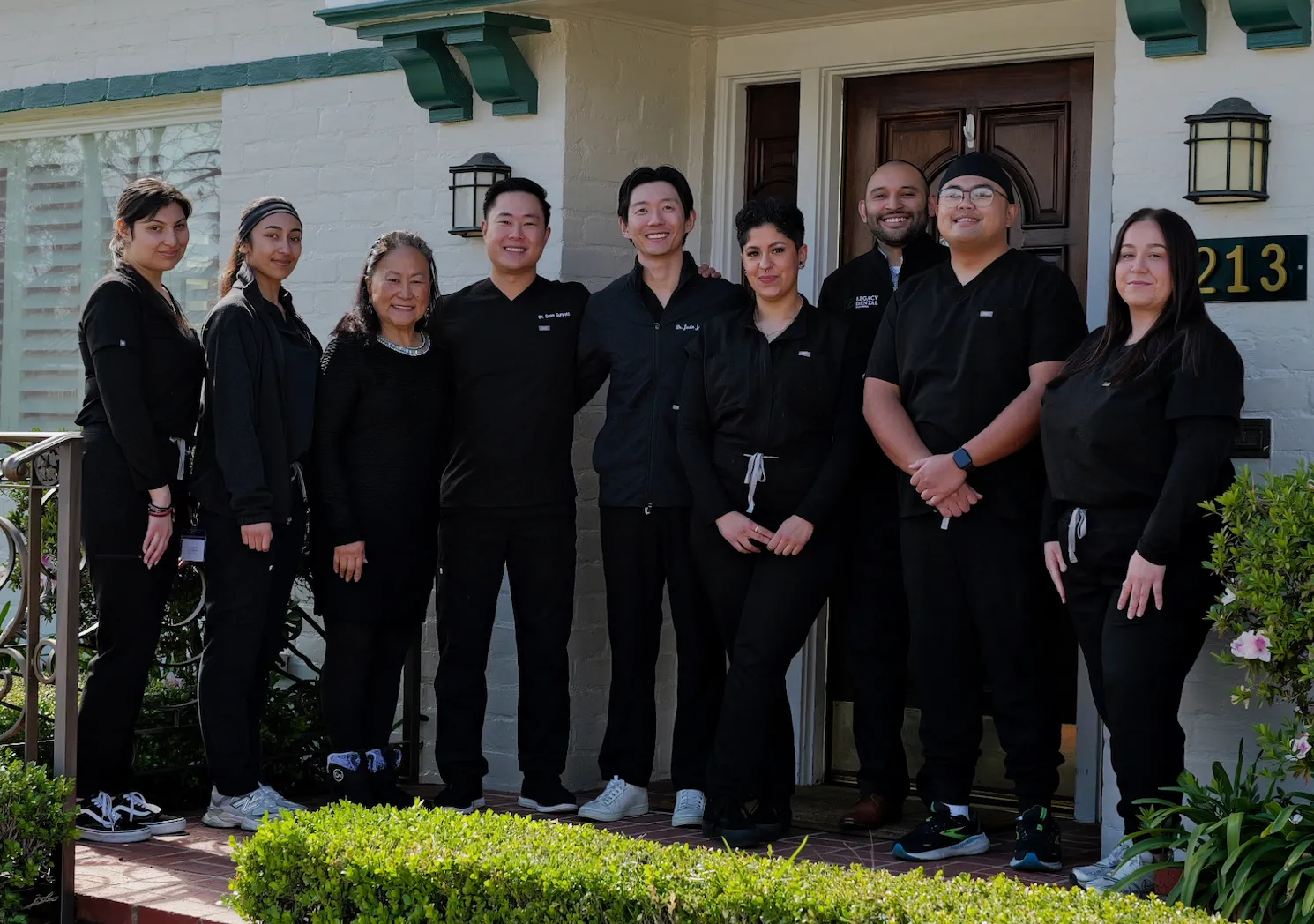 Dr. Sean Sunyoto and Legacy Dental Pasadena dental team outside their Pasadena, CA office specializing in family dentistry, dental implants, and Invisalign