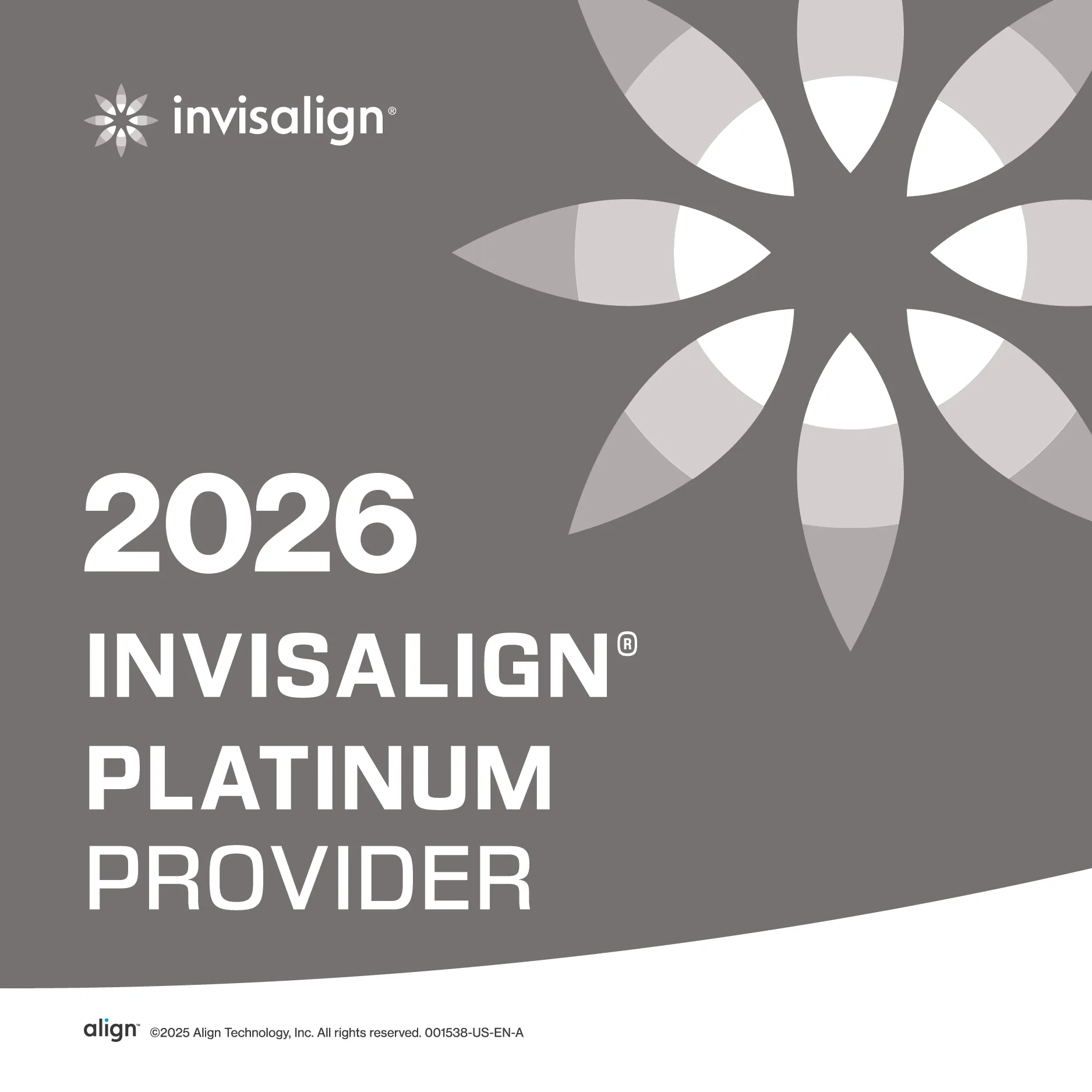 2026 Invisalign Platinum Provider badge with Invisalign logo and floral design on gray background.