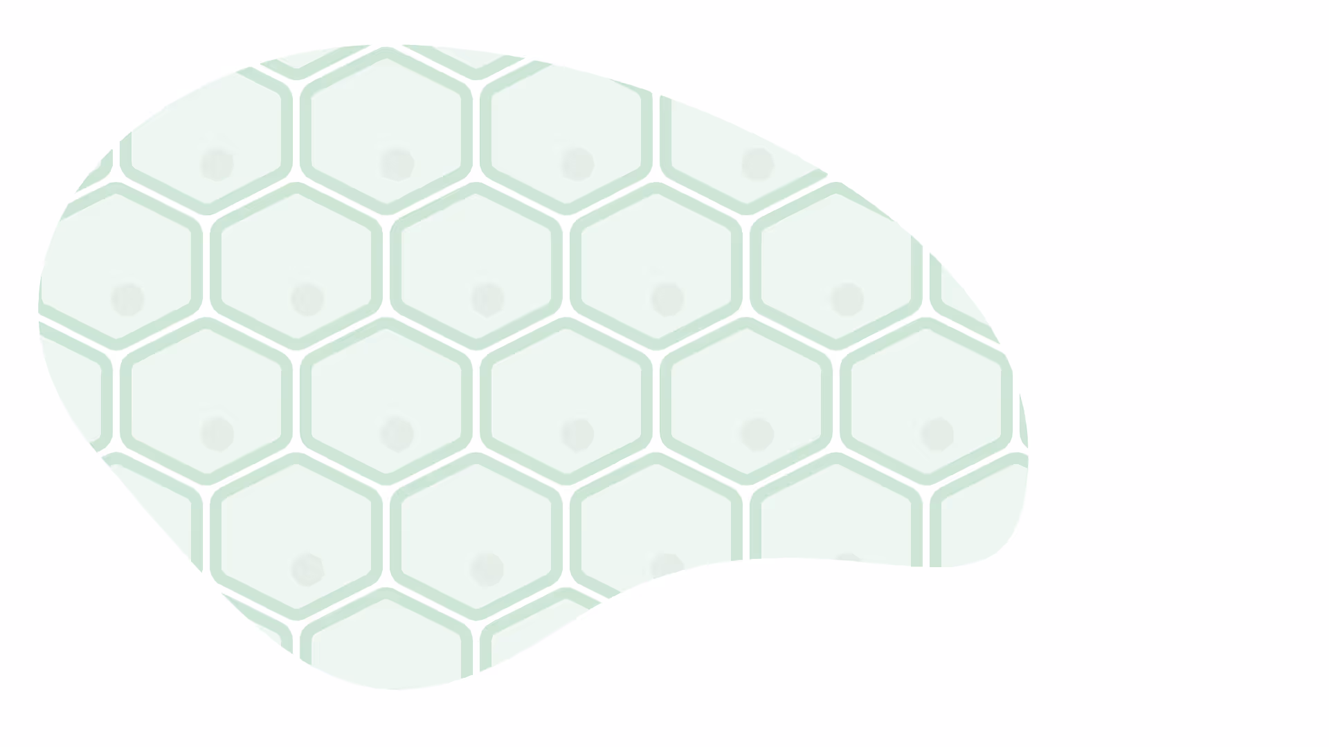Abstract blob shape with a pale green honeycomb hexagonal pattern on a white background.